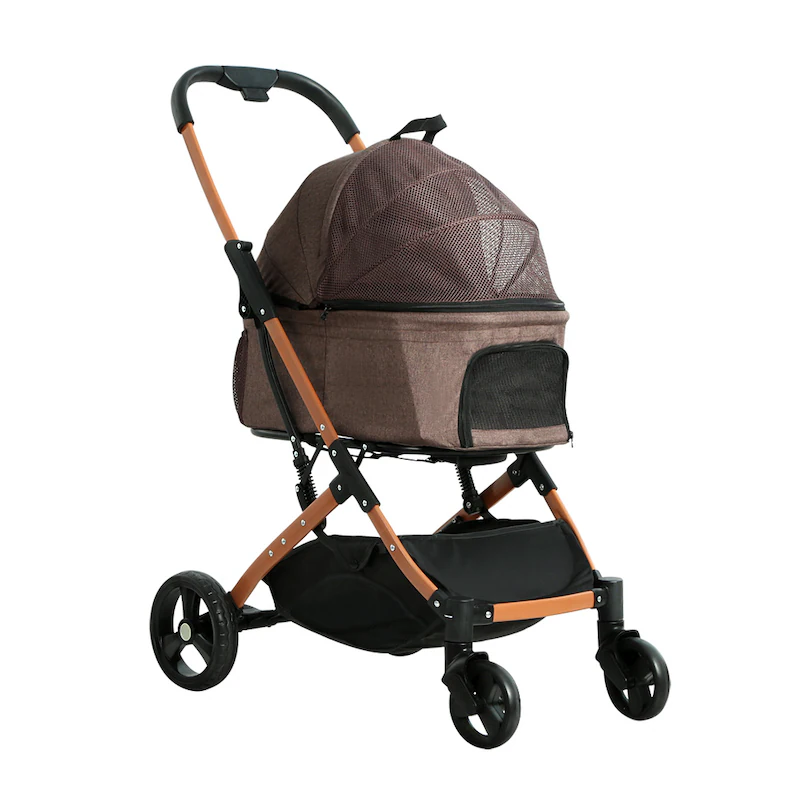 3-in-1 Pet Dog Cat Stroller Pram 4 Wheel With Detachable Carrier Car Seat Brown