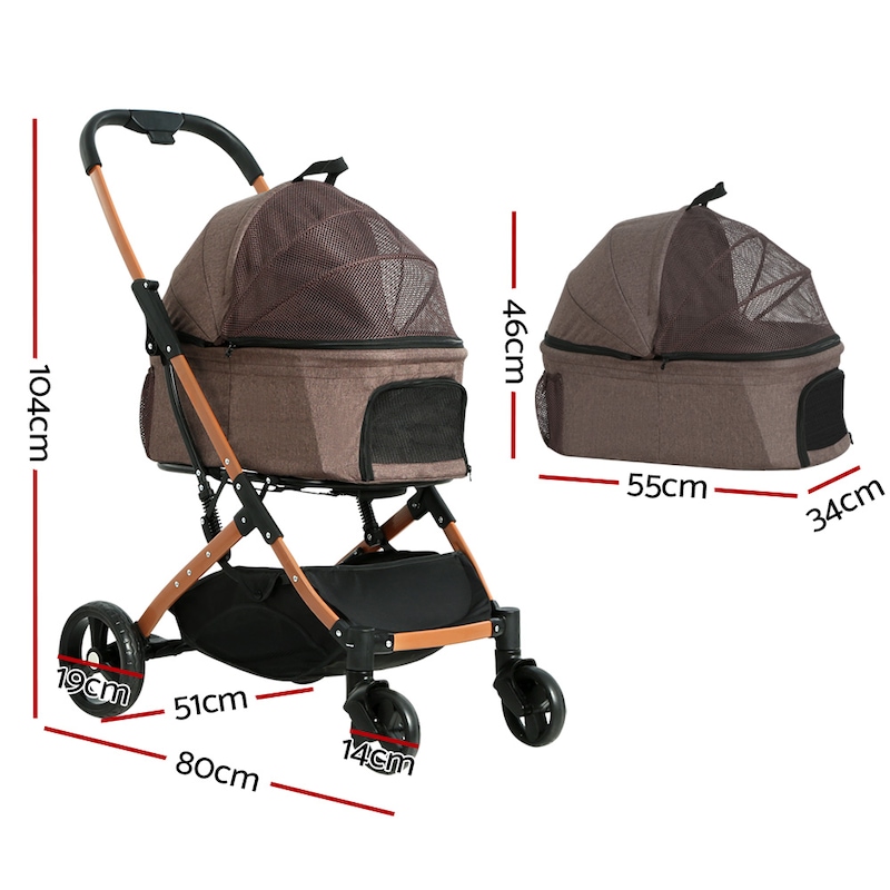 3-in-1 Pet Dog Cat Stroller Pram 4 Wheel With Detachable Carrier Car Seat Brown - Image 2
