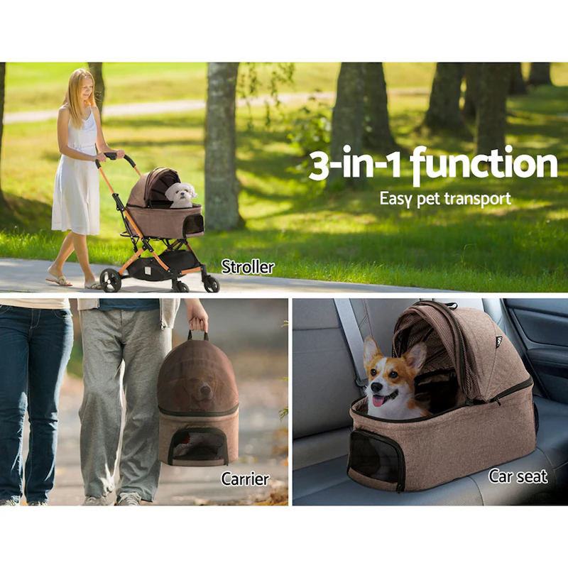 3-in-1 Pet Dog Cat Stroller Pram 4 Wheel With Detachable Carrier Car Seat Brown - Image 4