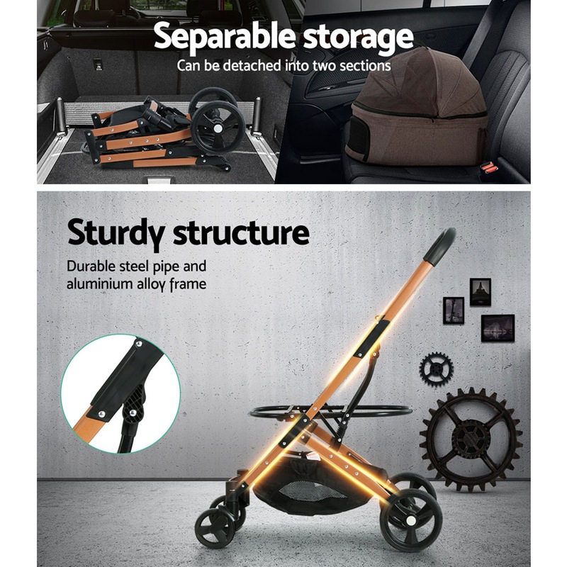 3-in-1 Pet Dog Cat Stroller Pram 4 Wheel With Detachable Carrier Car Seat Brown - Image 6
