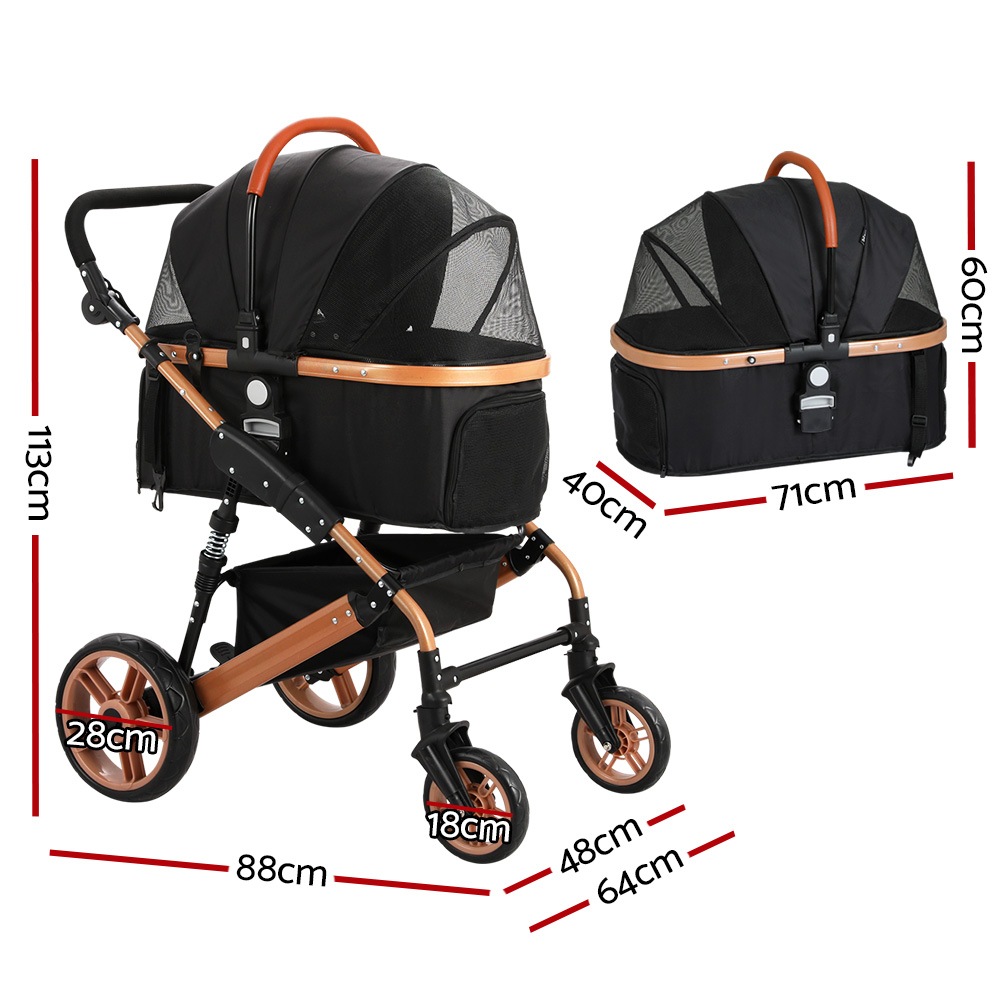 3-in-1 Pet Dog Cat Stroller Pram 4 Wheel With Detachable Carrier Car Seat Rose Gold - Image 2