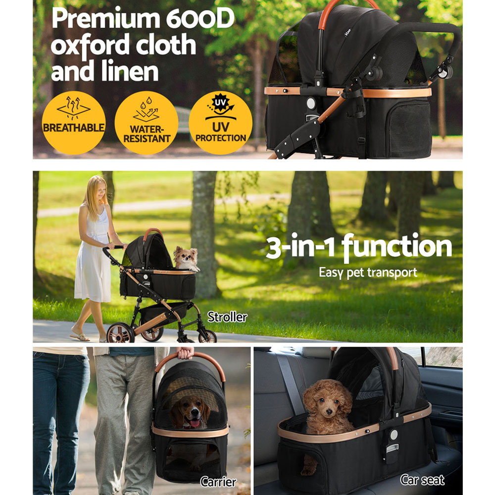 3-in-1 Pet Dog Cat Stroller Pram 4 Wheel With Detachable Carrier Car Seat Rose Gold - Image 4