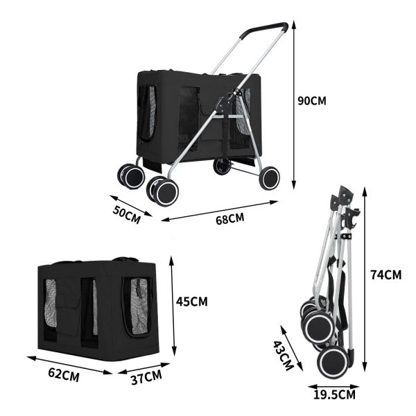3-in-1 Pet Dog Cat Stroller Pram With Detachable Carrier Car Seat Black - Image 2