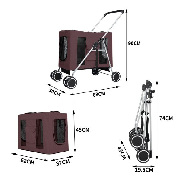 3-in-1 Pet Dog Cat Stroller Pram With Detachable Carrier Car Seat Brown - Image 2
