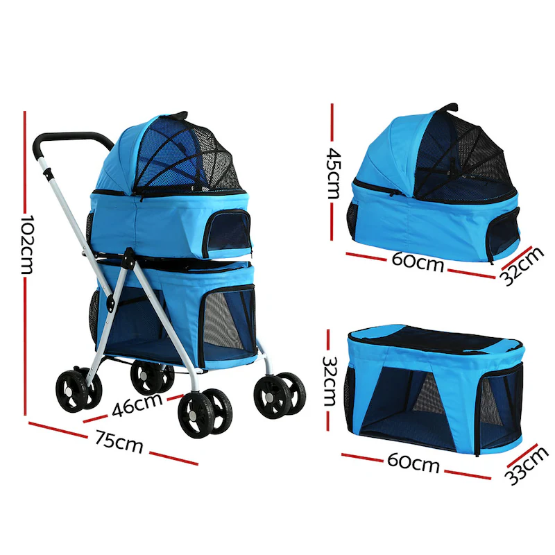 4-in-1 Pet Dog Cat Stroller Pram 4 Wheel With Detachable Carrier Car Seat Blue - Image 2
