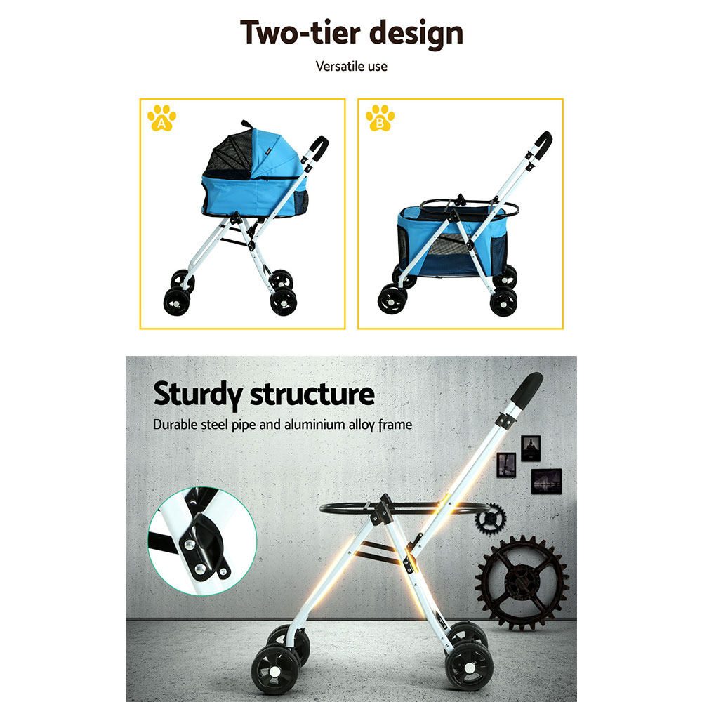 4-in-1 Pet Dog Cat Stroller Pram 4 Wheel With Detachable Carrier Car Seat Blue - Image 4
