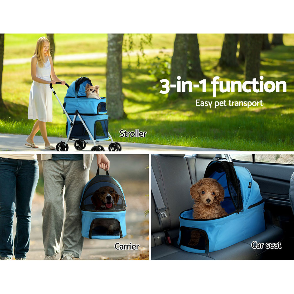 4-in-1 Pet Dog Cat Stroller Pram 4 Wheel With Detachable Carrier Car Seat Blue - Image 5