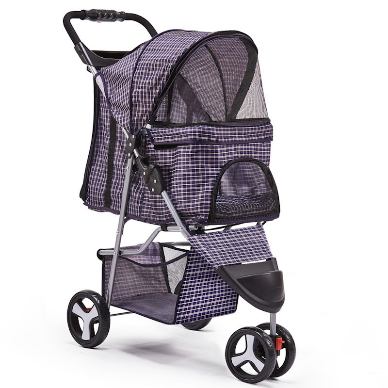 Pet Dog Cat Stroller Pram 3 Wheel Violet Plaid