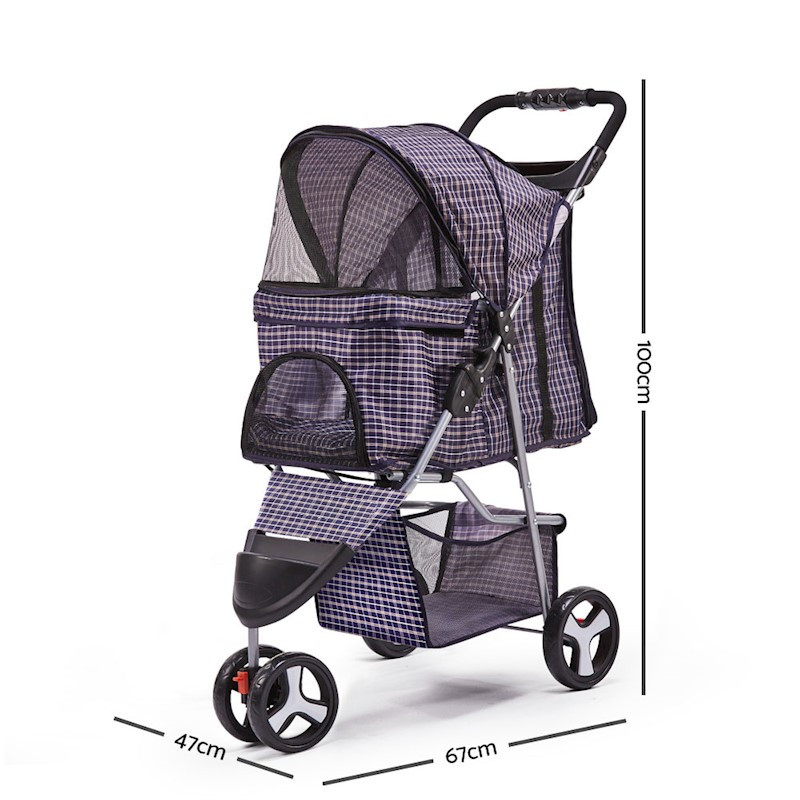 Pet Dog Cat Stroller Pram 3 Wheel Violet Plaid - Image 2