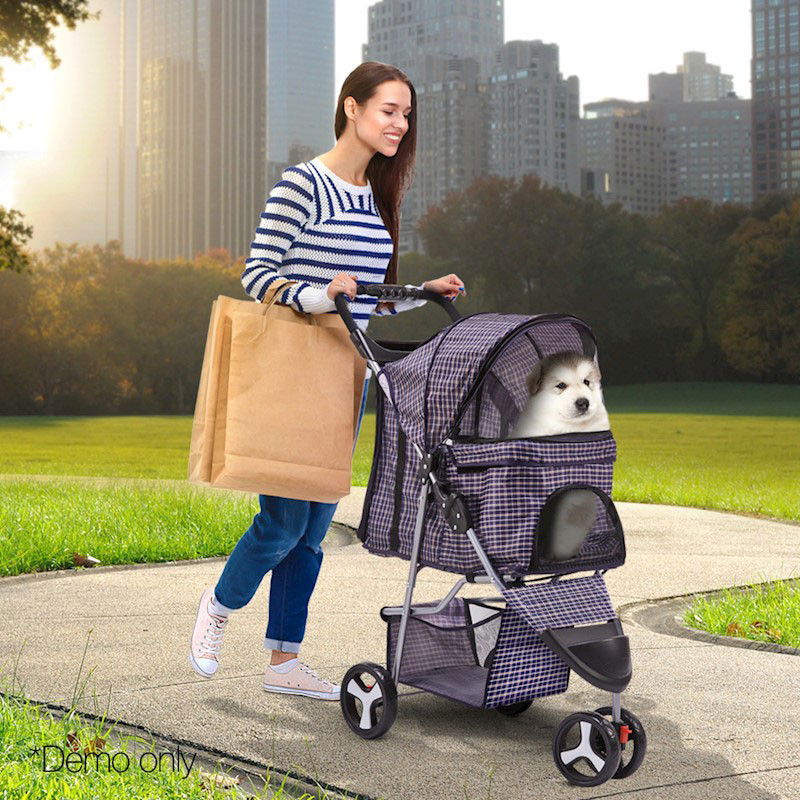 Pet Dog Cat Stroller Pram 3 Wheel Violet Plaid - Image 3