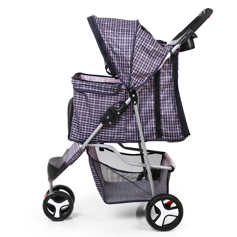 Pet Dog Cat Stroller Pram 3 Wheel Violet Plaid - Image 5