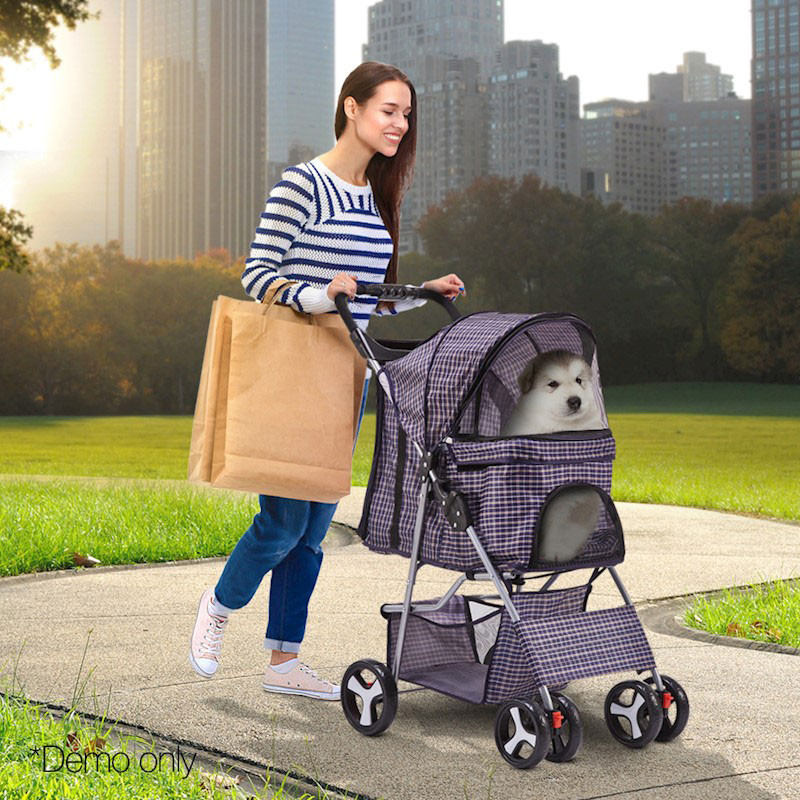 Pet Dog Cat Stroller Pram 4 Wheel Violet Plaid - Image 3