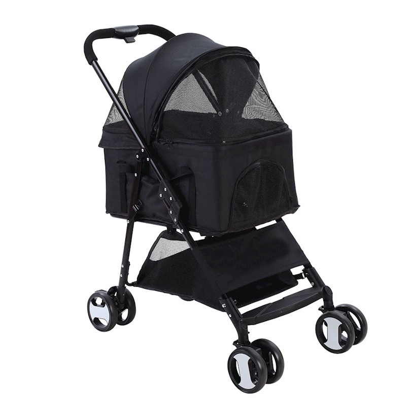 Pet Dog Cat Stroller Pram 4 Wheel With Detachable Carrier Black