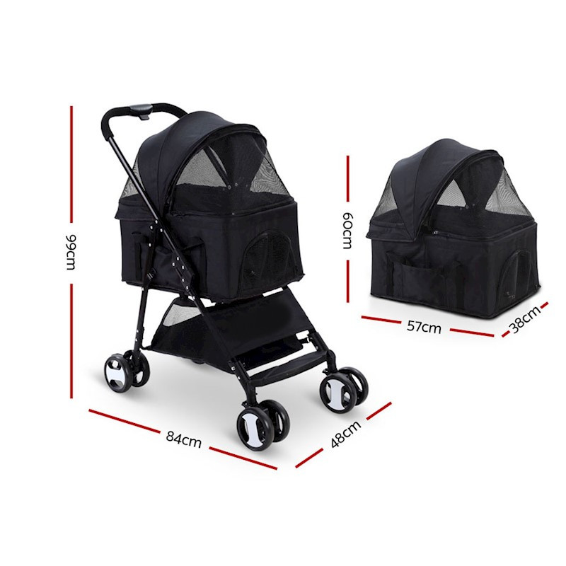 Pet Dog Cat Stroller Pram 4 Wheel With Detachable Carrier Black - Image 2