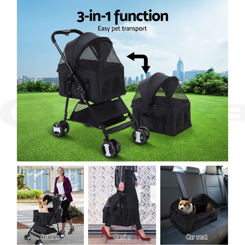Pet Dog Cat Stroller Pram 4 Wheel With Detachable Carrier Black - Image 4