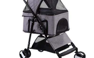Pet Dog Cat Stroller Pram 4 Wheel With Detachable Carrier Grey