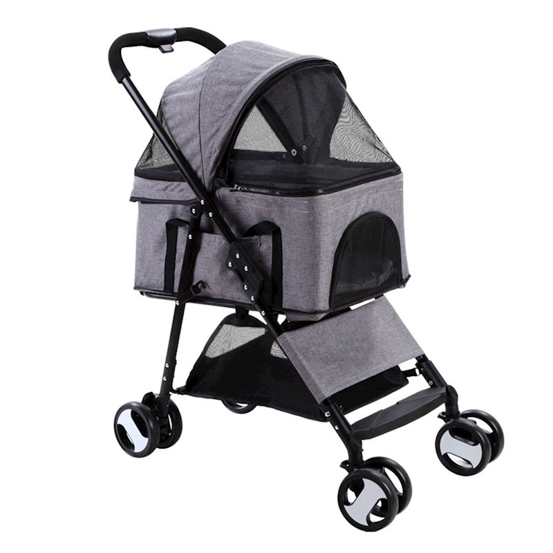 Pet Dog Cat Stroller Pram 4 Wheel With Detachable Carrier Grey