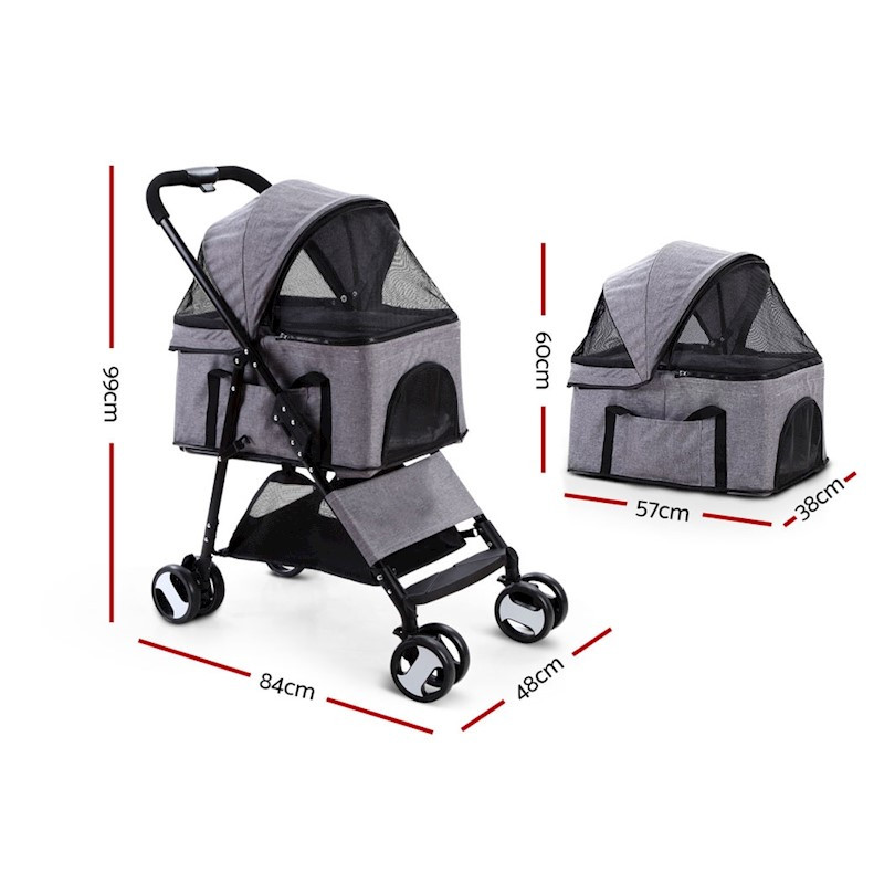 Pet Dog Cat Stroller Pram 4 Wheel With Detachable Carrier Grey - Image 2