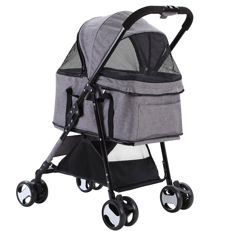 Pet Dog Cat Stroller Pram 4 Wheel With Detachable Carrier Grey - Image 3