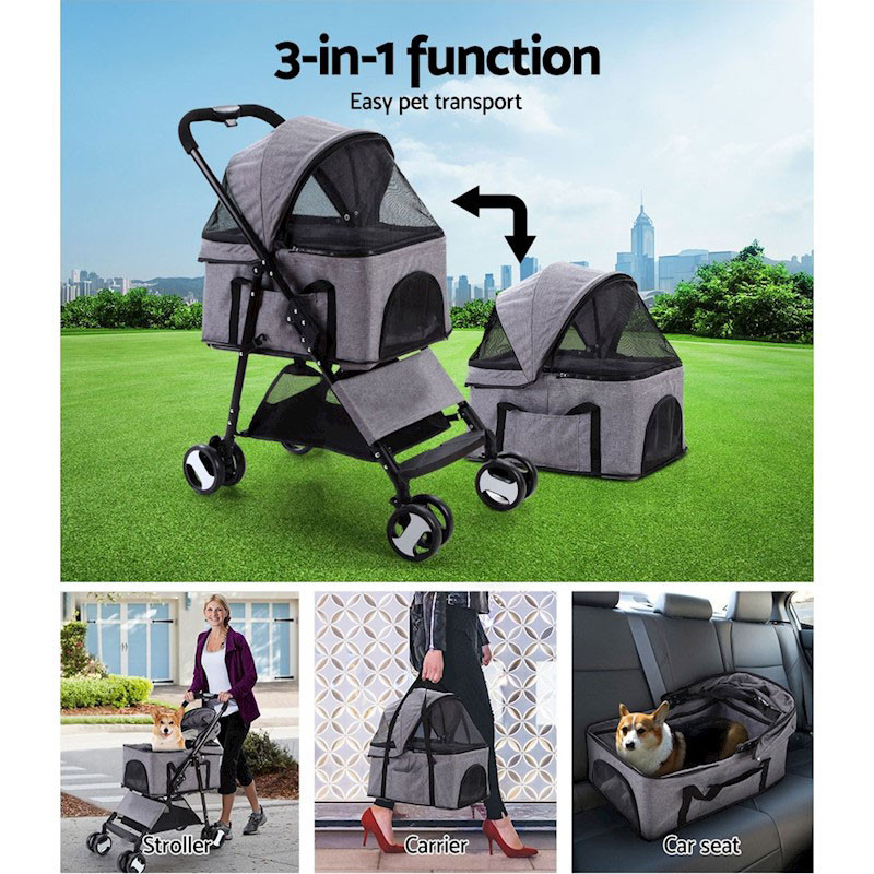 Pet Dog Cat Stroller Pram 4 Wheel With Detachable Carrier Grey - Image 4