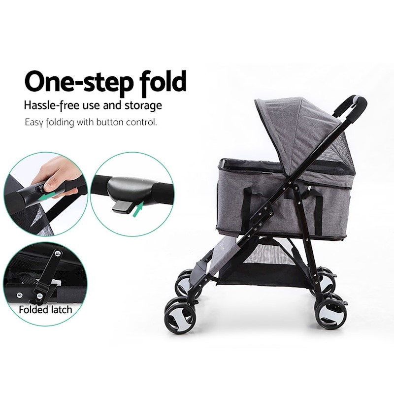 Pet Dog Cat Stroller Pram 4 Wheel With Detachable Carrier Grey - Image 5