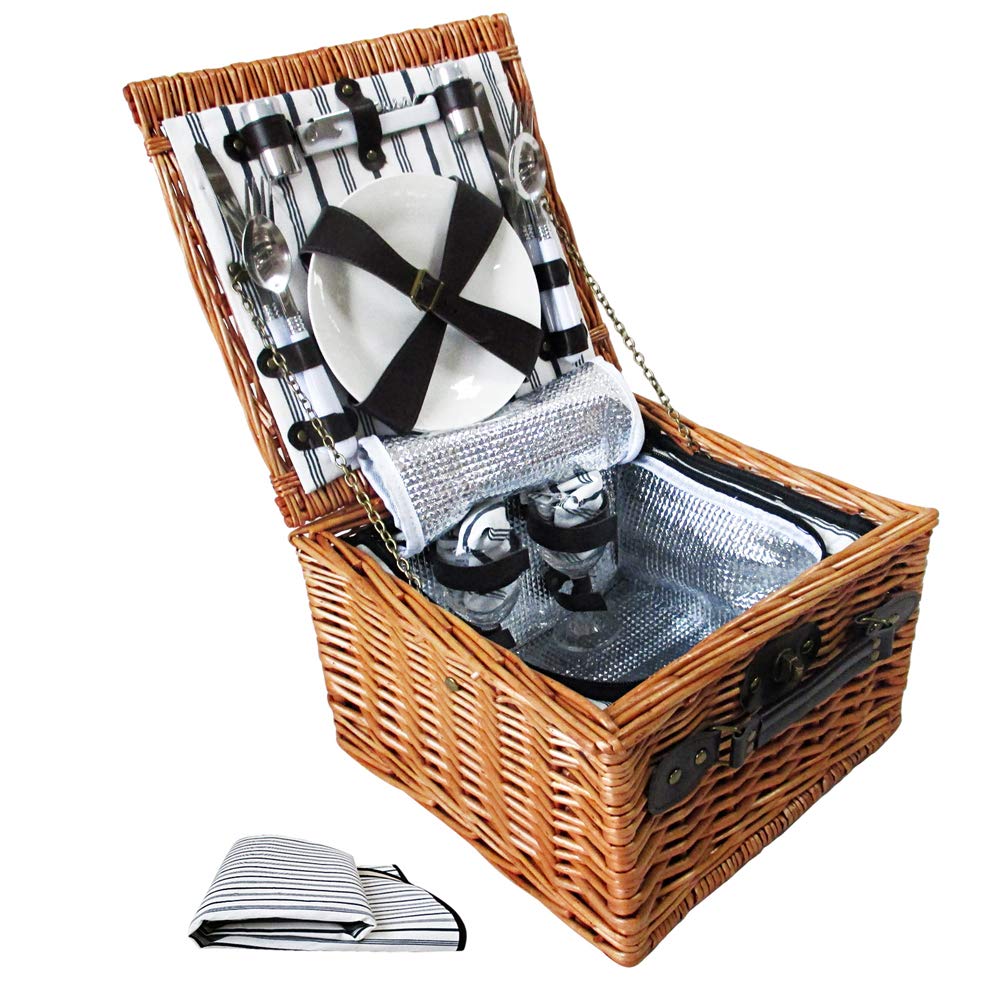 Picnic Basket 2 Person Wicker With Cooler Bag & Blanket