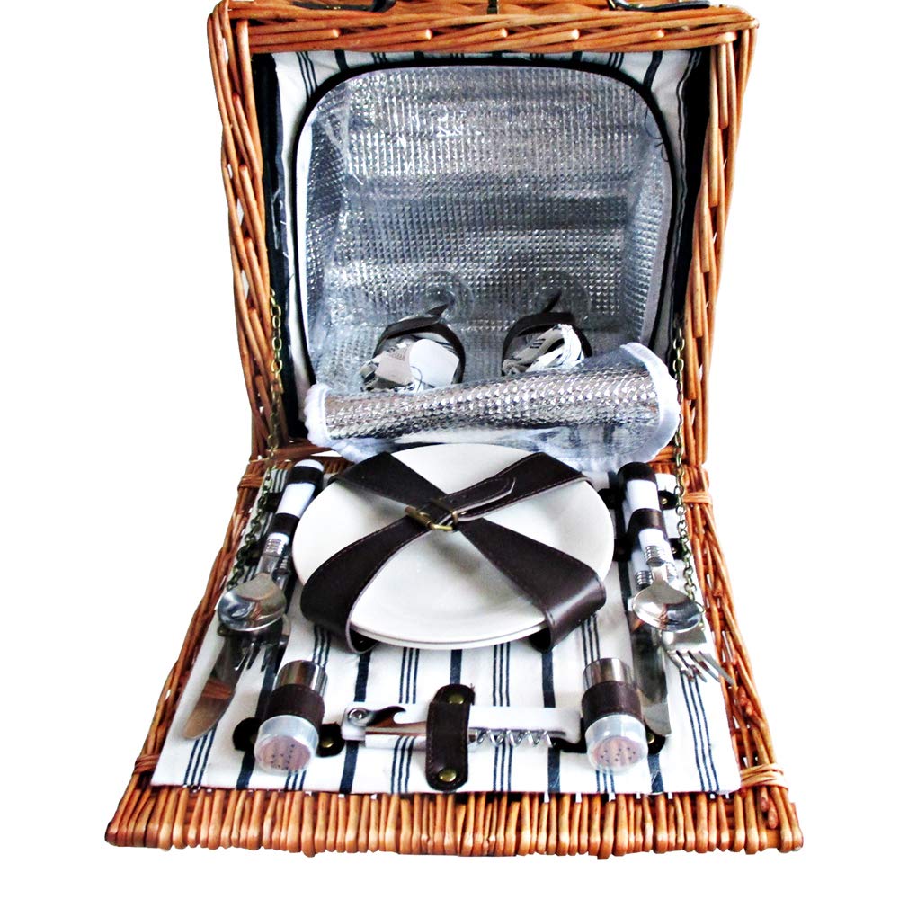 Picnic Basket 2 Person Wicker With Cooler Bag & Blanket - Image 5