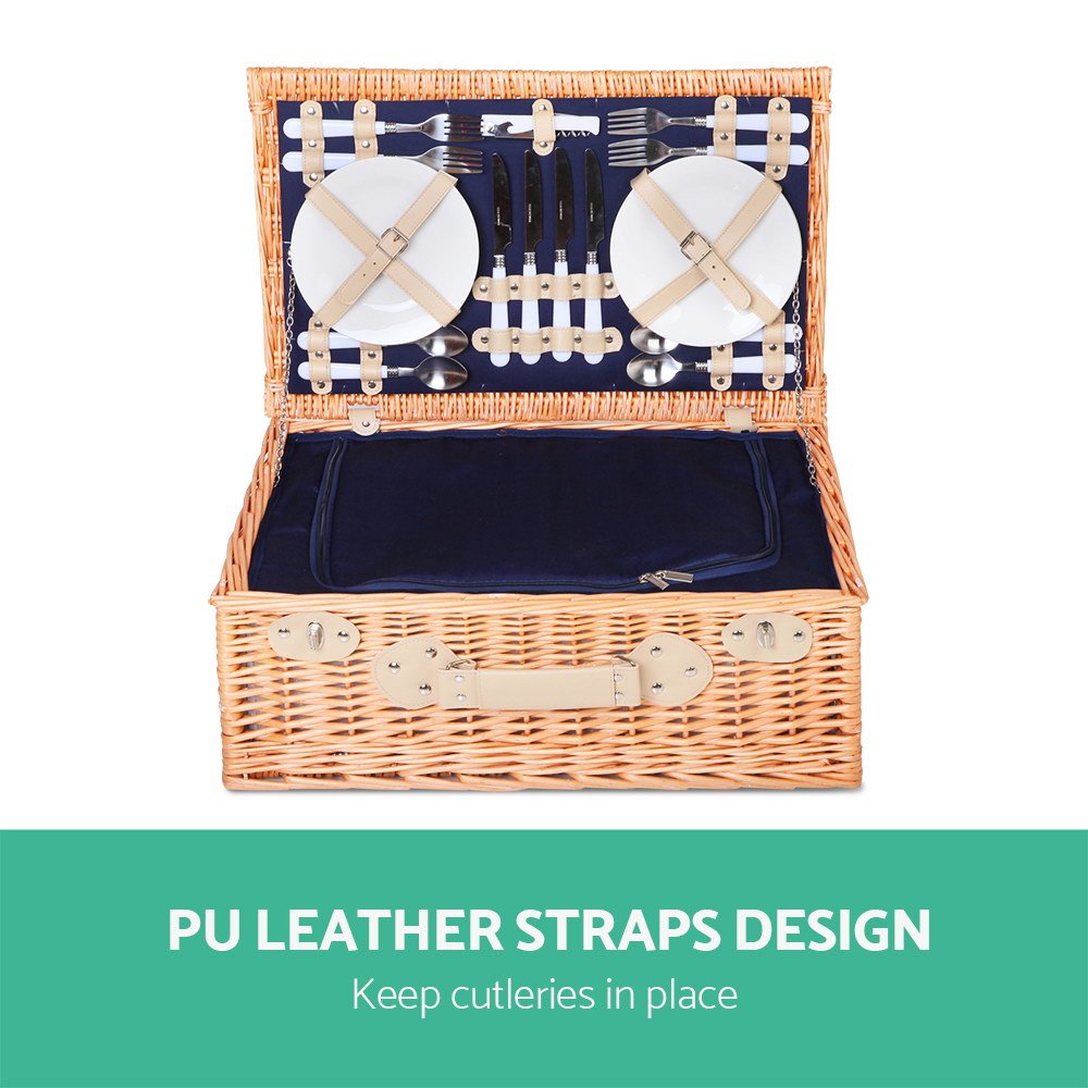 Picnic Basket 4 Person Wicker With Cooler Bag & Blanket - Image 2