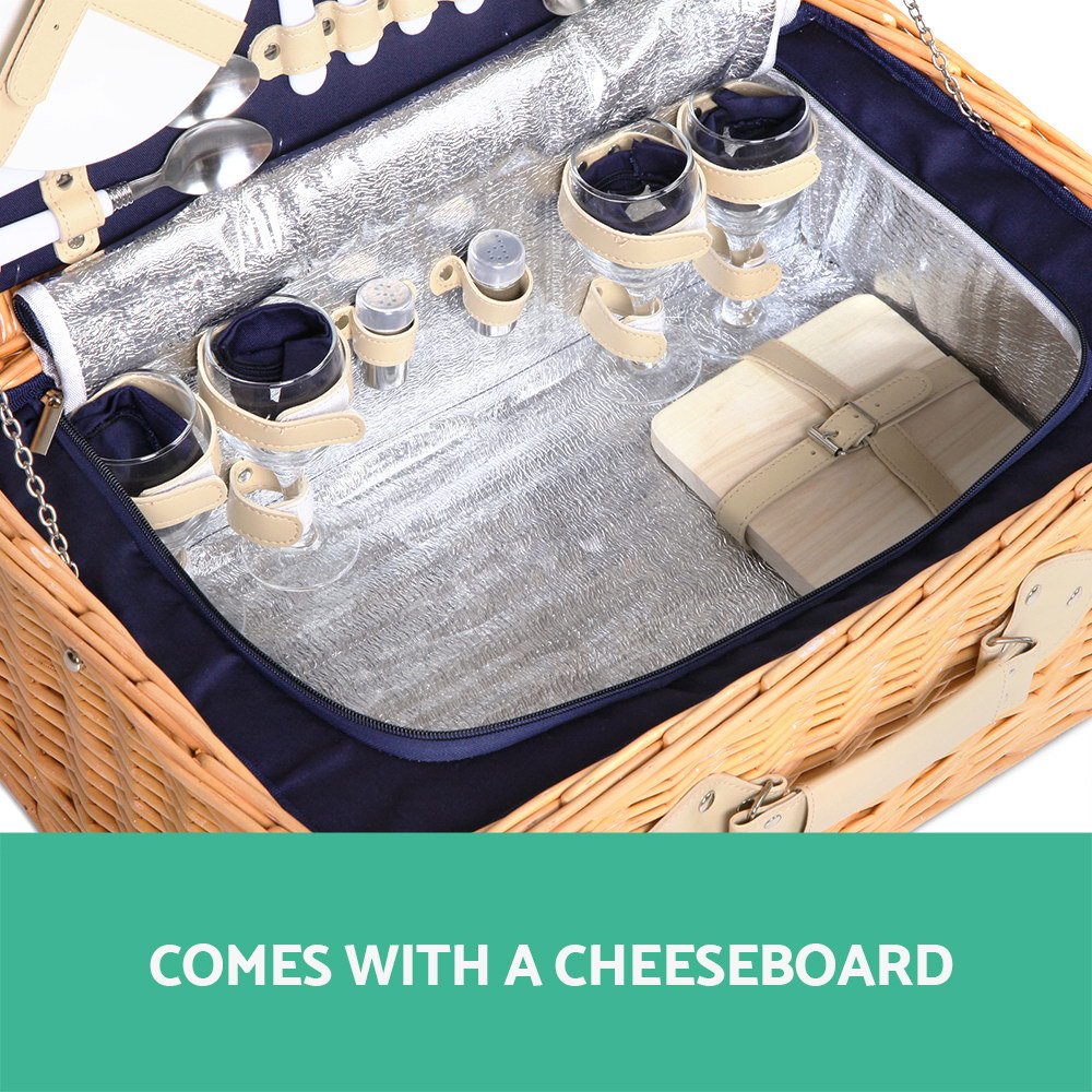 Picnic Basket 4 Person Wicker With Cooler Bag & Blanket - Image 4