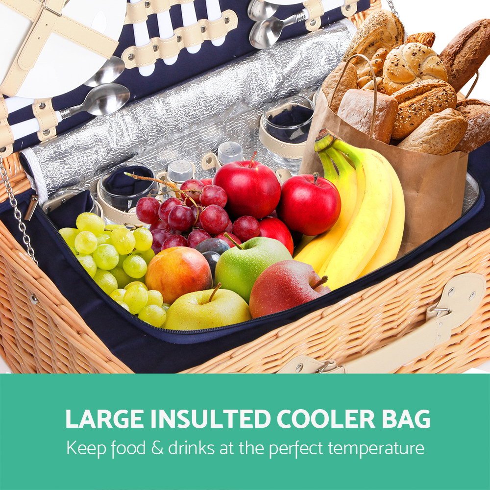 Picnic Basket 4 Person Wicker With Cooler Bag & Blanket - Image 5