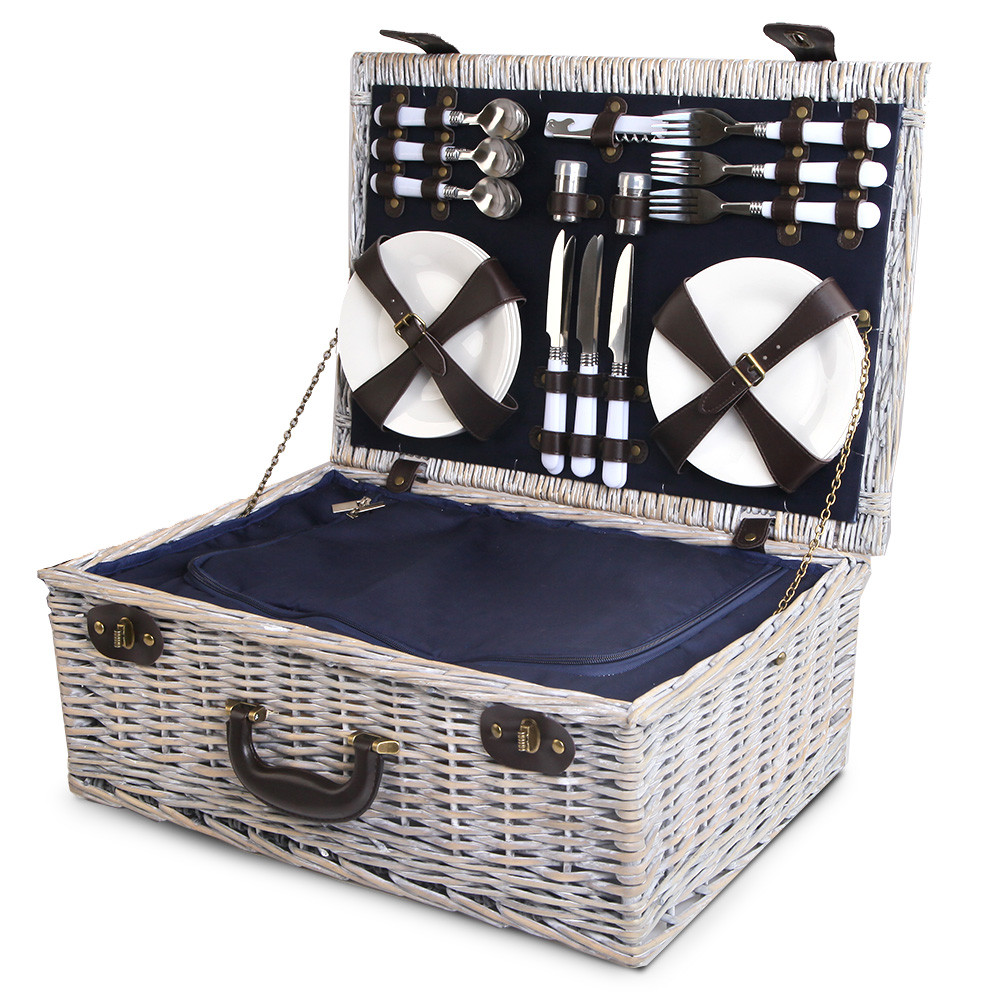 Picnic Basket 6 Person Wicker With Cooler Bag & Blanket