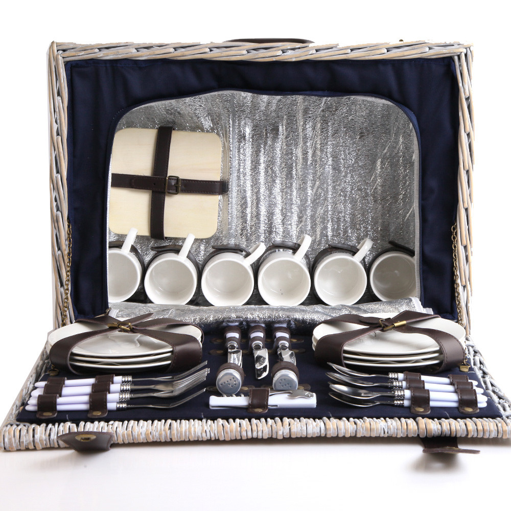 Picnic Basket 6 Person Wicker With Cooler Bag & Blanket - Image 4