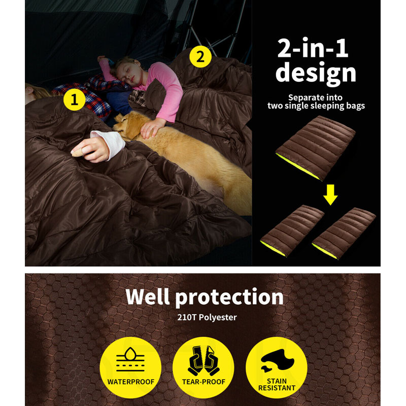 Adults Sleeping Bag Double 210T Thermal Brown - Image 2