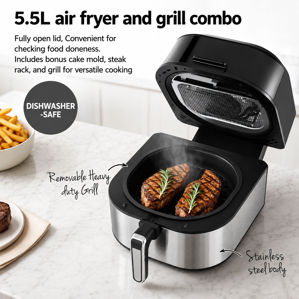 5.5L Air Fryer 1500W Grill Combo Black & Silver - Image 4